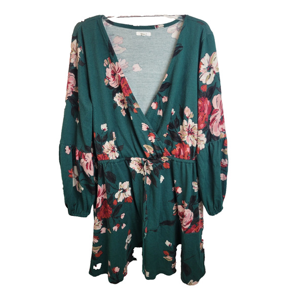 Maurices Boho Mini Dress Green Floral V-Neck Tie Waist Babydoll Women's Size XL - Picture 1 of 12